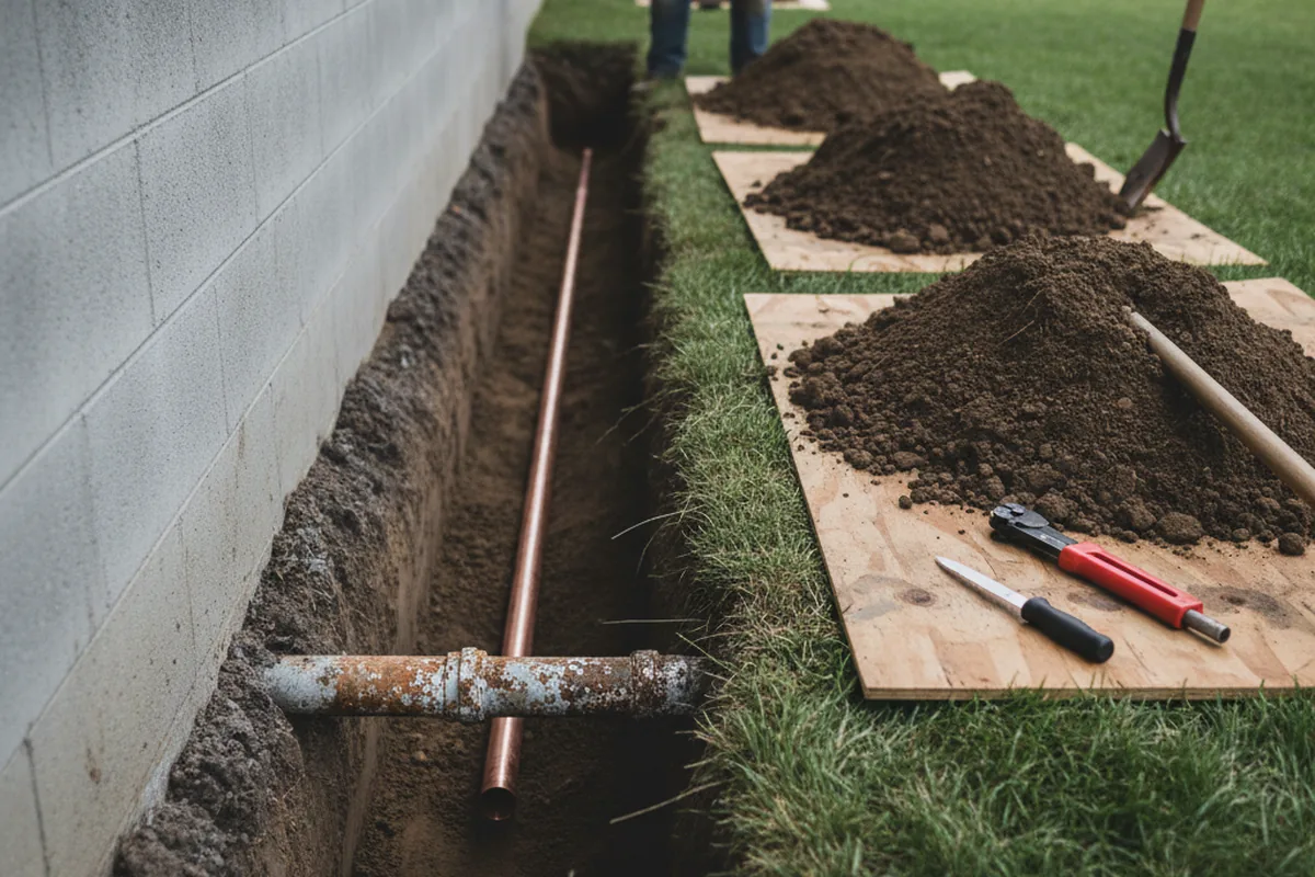 Excavated water line trench during Sewer Line Repair in Wolf Lake